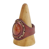 Handcrafted Vegetal Brown Leather Ring with Red Agate Stone with White Stripes Setting-Gift Unisex Leather Fashion Jewelry Band