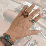 Handcrafted Vegetal Brown Leather Ring with Red Agate Stone with White Stripes Setting-Gift Unisex Leather Fashion Jewelry Band