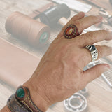 Handcrafted Vegetal Brown Leather Ring with Red Agate Stone with White Stripes Setting-Gift Unisex Leather Fashion Jewelry Band