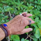 Handcrafted Vegetal Brown Leather Ring with Red Agate Stone with White Stripes Setting-Gift Unisex Leather Fashion Jewelry Band