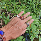 Handcrafted Vegetal Brown Leather Ring with Red Agate Stone with White Stripes Setting-Gift Unisex Leather Fashion Jewelry Band