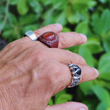 Handcrafted Vegetal Brown Leather Ring with Red Agate Stone with White Stripes Setting-Gift Unisex Leather Fashion Jewelry Band
