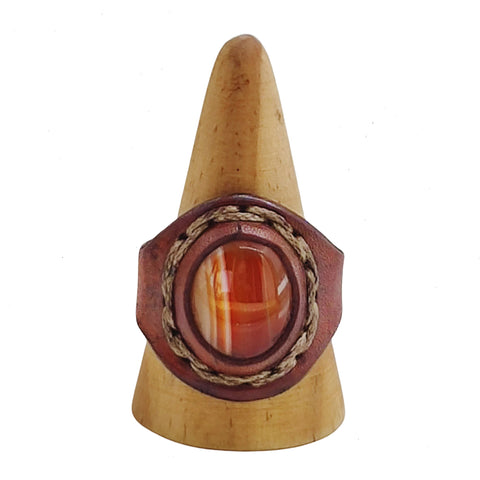 Handcrafted Vegetal Brown Leather Ring with Red Agate Stone with White Stripes Setting-Gift Unisex Leather Fashion Jewelry Band