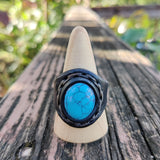 Unique Handcrafted Black Vegetal Leather Ring with Firuze Stone Setting-Unisex Gift Fashion Jewelry Design Ring with Naturel Stone Setting
