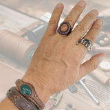 Unique Handcrafted Genuine Vegetal Brown Leather Ring with Gold Stone-Size 11 Unisex Gift Leather Fashion Jewelry Band with Naturel Stone