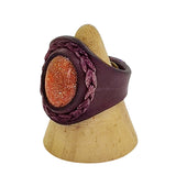 Unique Handcrafted Genuine Vegetal Brown Leather Ring with Gold Stone-Size 11 Unisex Gift Leather Fashion Jewelry Band with Naturel Stone