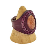Unique Handcrafted Genuine Vegetal Brown Leather Ring with Gold Stone-Size 11 Unisex Gift Leather Fashion Jewelry Band with Naturel Stone