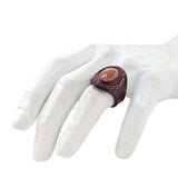 Unique Handcrafted Genuine Vegetal Brown Leather Ring with Gold Stone-Size 11 Unisex Gift Leather Fashion Jewelry Band with Naturel Stone
