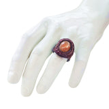 Unique Handcrafted Genuine Vegetal Brown Leather Ring with Gold Stone-Size 11 Unisex Gift Leather Fashion Jewelry Band with Naturel Stone