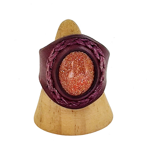 Unique Handcrafted Genuine Vegetal Brown Leather Ring with Gold Stone-Size 11 Unisex Gift Leather Fashion Jewelry Band with Naturel Stone