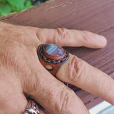 Lifestyle Handcrafted Genuine Vegetal Brown Leather Ring with Brown and White Agate Stone-Unisex Fashion Jewelry Band with Naturel Stone