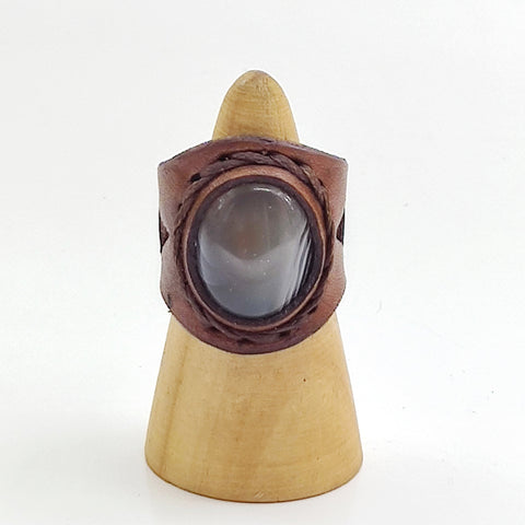 Unique Handcrafted Genuine Vegetal Brown Leather Ring with Gray Agate Stone -Unisex Gift Fashion Jewelry Band with Naturel Stone