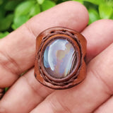 Unique Handcrafted Genuine Vegetal Brown Leather Ring with Gray Agate Stone -Unisex Gift Fashion Jewelry Band with Naturel Stone