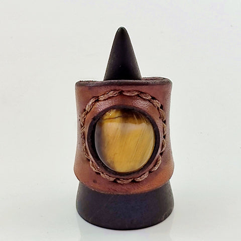 Unique Handcrafted Genuine Vegetal Brown Leather Ring with Tiger Eye Stone-Unisex Gift Fashion Jewelry Band with Naturel Stone