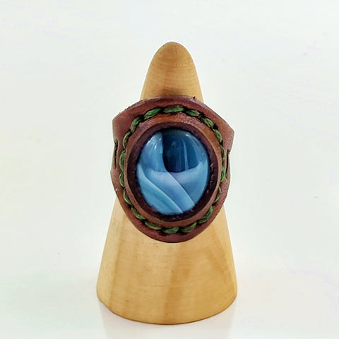 Unique Handcrafted Genuine Vegetal Brown Leather Ring with Blue Agate Stone-Size 10 Unisex Gift Fashion Jewelry with Natural Stone Band
