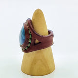Unique Handcrafted Genuine Vegetal Brown Leather Ring with Blue Agate Stone-Size 10 Unisex Gift Fashion Jewelry with Natural Stone Band