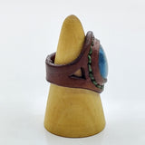Unique Handcrafted Genuine Vegetal Brown Leather Ring with Blue Agate Stone-Size 10 Unisex Gift Fashion Jewelry with Natural Stone Band