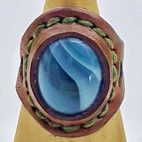Unique Handcrafted Genuine Vegetal Brown Leather Ring with Blue Agate Stone-Size 10 Unisex Gift Fashion Jewelry with Natural Stone Band