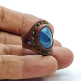Unique Handcrafted Genuine Vegetal Brown Leather Ring with Blue Agate Stone-Size 10 Unisex Gift Fashion Jewelry with Natural Stone Band