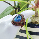 Unique Handcrafted Genuine Vegetal Brown Leather Ring with Blue Agate Stone-Size 10 Unisex Gift Fashion Jewelry with Natural Stone Band