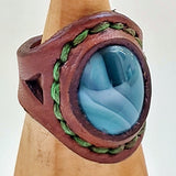 Unique Handcrafted Genuine Vegetal Brown Leather Ring with Blue Agate Stone-Size 10 Unisex Gift Fashion Jewelry with Natural Stone Band