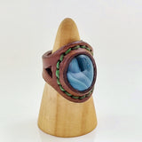 Unique Handcrafted Genuine Vegetal Brown Leather Ring with Blue Agate Stone-Size 10 Unisex Gift Fashion Jewelry with Natural Stone Band
