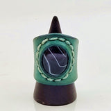 Unique Handcrafted Genuine Vegetal Green Leather Ring with Black Agate Stone Setting-Unisex Gift Fashion Jewelry Band