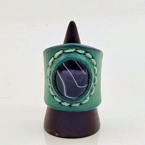 Unique Handcrafted Genuine Vegetal Green Leather Ring with Black Agate Stone Setting-Unisex Gift Fashion Jewelry Band
