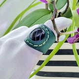 Unique Handcrafted Genuine Vegetal Green Leather Ring with Black Agate Stone Setting-Unisex Gift Fashion Jewelry Band