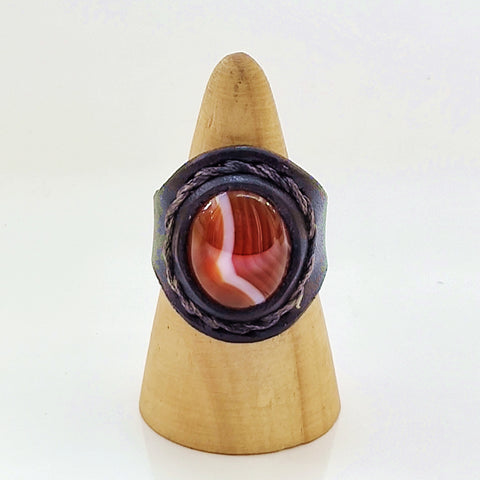 Unique Handcrafted Genuine Vegetal Black Leather Ring with Amber Agate Stone with White Stripes-Size 10.5 Gift Unisex Fashion Jewelry Band
