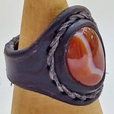 Unique Handcrafted Genuine Vegetal Black Leather Ring with Amber Agate Stone with White Stripes-Size 10.5 Gift Unisex Fashion Jewelry Band