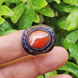 Unique Handcrafted Genuine Vegetal Black Leather Ring with Amber Agate Stone with White Stripes-Size 10.5 Gift Unisex Fashion Jewelry Band