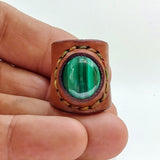 Unique Handcrafted Genuine Vegetal Green Leather Ring with Black Agate Stone Setting-Size 9.5 Unisex Gift Fashion Jewelry Band