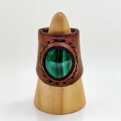 Unique Handcrafted Genuine Vegetal Green Leather Ring with Black Agate Stone Setting-Size 9.5 Unisex Gift Fashion Jewelry Band