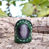 Unique Handcrafted Genuine Vegetal Leather Ring with Gray Cat Eye Stone-Size 8 Unisex Gift Fashion Jewelry With Natural Stone Band