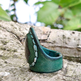 Unique Handcrafted Genuine Vegetal Leather Ring with Gray Cat Eye Stone-Size 8 Unisex Gift Fashion Jewelry With Natural Stone Band