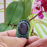 Unique Handcrafted Genuine Vegetal Leather Ring with Gray Cat Eye Stone-Size 8 Unisex Gift Fashion Jewelry With Natural Stone Band
