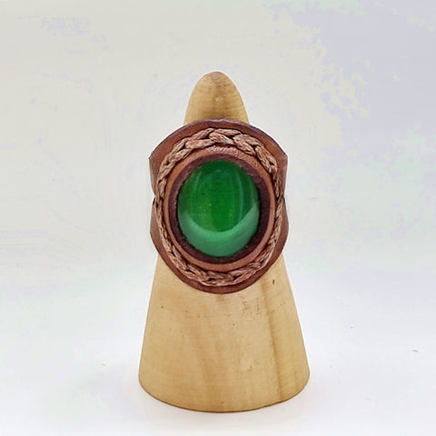 Unique Handcrafted Genuine Vegetal Brown Leather Ring With Green Cat Eye Agate  Stone Setting-Size 8 Unisex Gift Fashion Jewelry Band