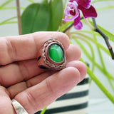 Unique Handcrafted Genuine Vegetal Brown Leather Ring With Green Cat Eye Agate  Stone Setting-Size 8 Unisex Gift Fashion Jewelry Band