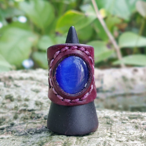 Handcrafted Genuine Vegetal Brown Leather Ring with Blue Cat's Eye Agate Stone Setting-Unisex Gift Fashion Jewelry with Naturel Stone Band