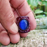 Handcrafted Genuine Vegetal Brown Leather Ring with Blue Cat's Eye Agate Stone Setting-Unisex Gift Fashion Jewelry with Naturel Stone Band