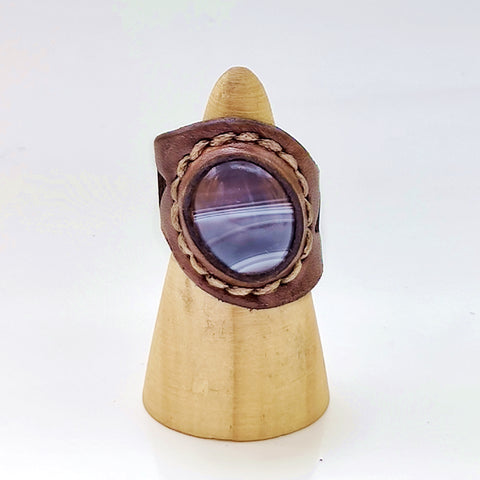 Unique Handcrafted Genuine Vegetal Brown Leather Ring With Gray Agate Stone Setting-Unisex Gift Fashion Jewelry Band Natural Stone