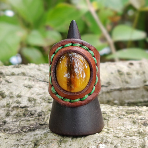 Unique Handcrafted Genuine Vegetal  Brown Leather Ring With Tiger Eye Stone Setting-Unisex Gift Fashion Jewelry Band with Naturel Stone