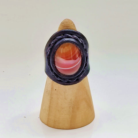Unique Handcrafted Genuine Vegetal Black Leather Ring with Amber Agate Stone-Unisex Gift with Natural Stone Fashion Jewelry Band