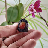 Unique Handcrafted Genuine Vegetal Black Leather Ring with Amber Agate Stone-Unisex Gift with Natural Stone Fashion Jewelry Band