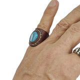 Handcrafted Brown Leather Ring with Green Agate Stone Setting-Fashion Jewelry-No 9 Men and Women-Handmade Ring