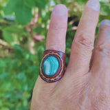Handcrafted Brown Leather Ring with Green Agate Stone Setting-Fashion Jewelry-No 9 Men and Women-Handmade Ring