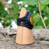 Unique Handcrafted Genuine Vegetal Black Leather Ring with Yellow Agate Stone Setting-Unisex Gift Fashion Jewelry with Naturel Stone