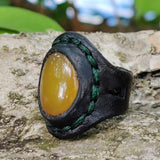 Unique Handcrafted Genuine Vegetal Black Leather Ring with Yellow Agate Stone Setting-Unisex Gift Fashion Jewelry with Naturel Stone
