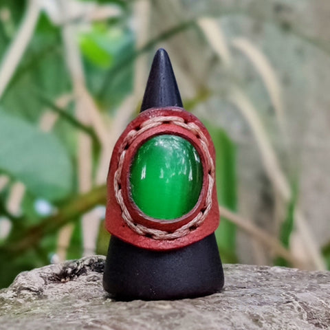 Handcrafted Genuine Vegetal Brown Leather Ring With Green Cat's Eye  Stone Setting-Size 9 Unisex Gift Fashion Jewelry Band